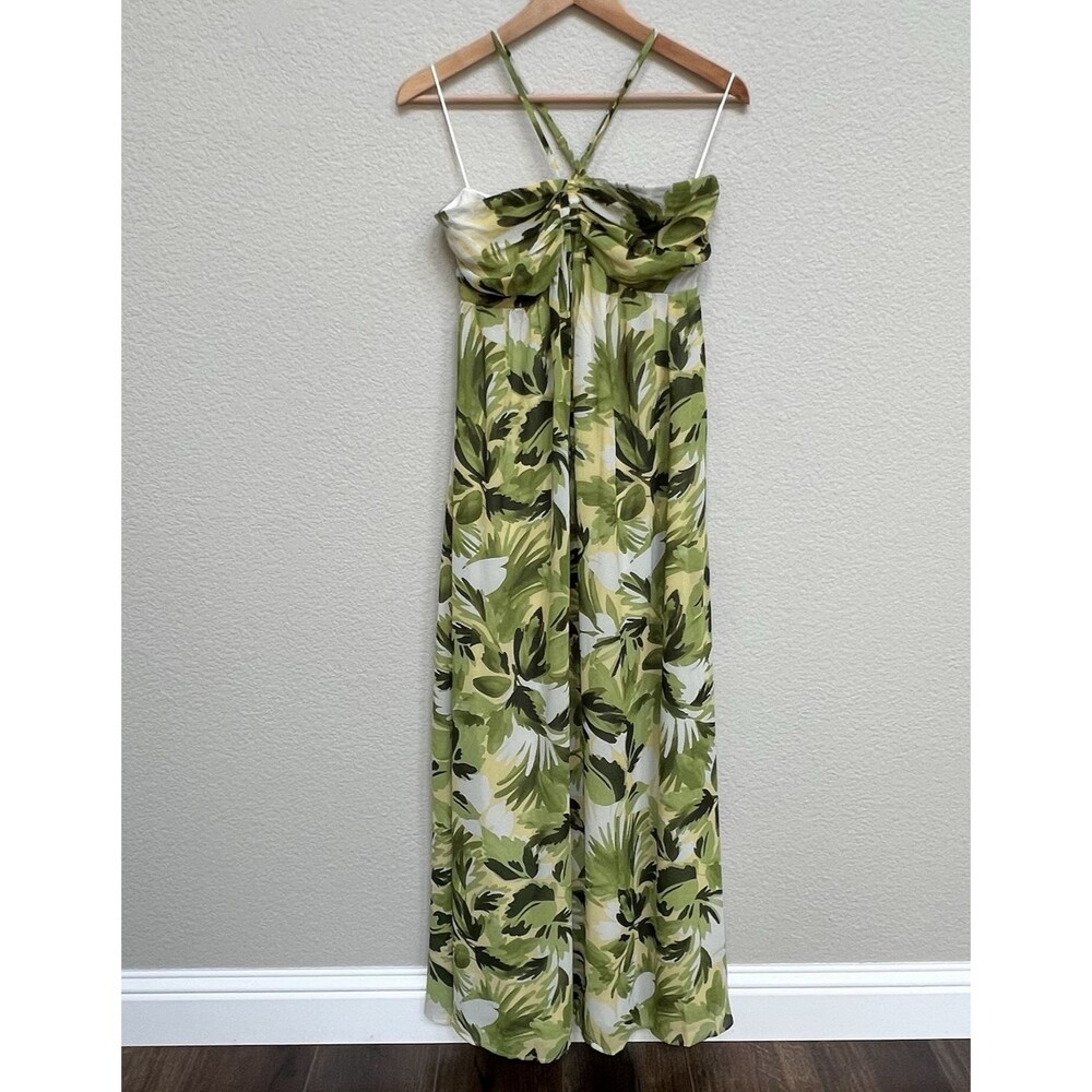 Vici Palmline Coast Tropical Halter Maxi Dress Size Large Green Palm Leaf Flowy